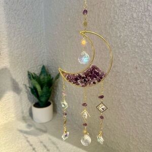 Purple Beaded Moon Crystal Sun Catcher